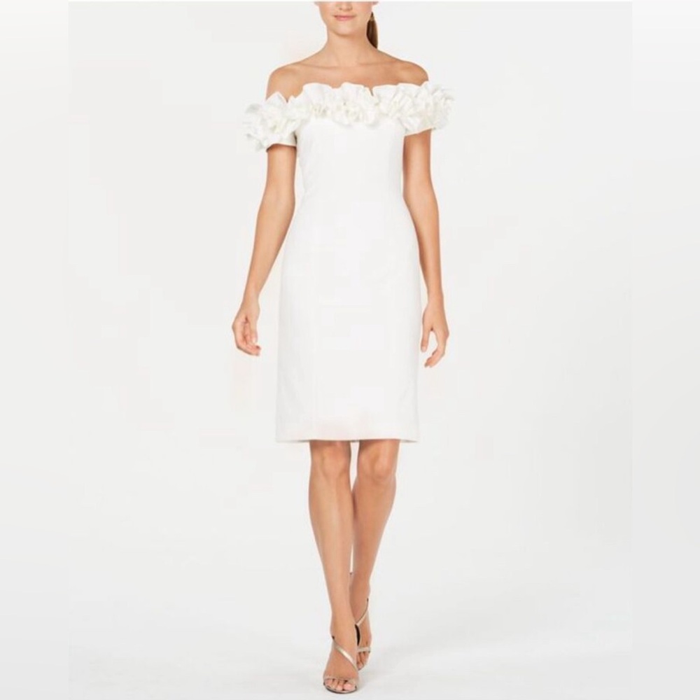 Calvin Klein white ruffle off the shoulder cocktail dress - size 10